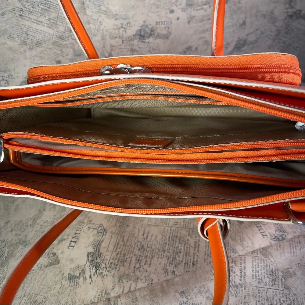 Structured Orange Leather Laptop Tote Bag with Double Handles